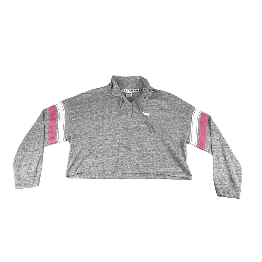 PINK Victoria's Secret Sweatshirt Womens Large Gray Cropped 1/4 Snap Long Sleeve